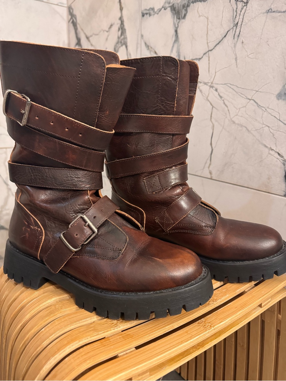 Women’s Brown Leather Strap Buckle Moto Boots
